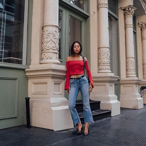 Orseund Iris Red Off shoulder Underwire Knit Top - Picture 12 of 14